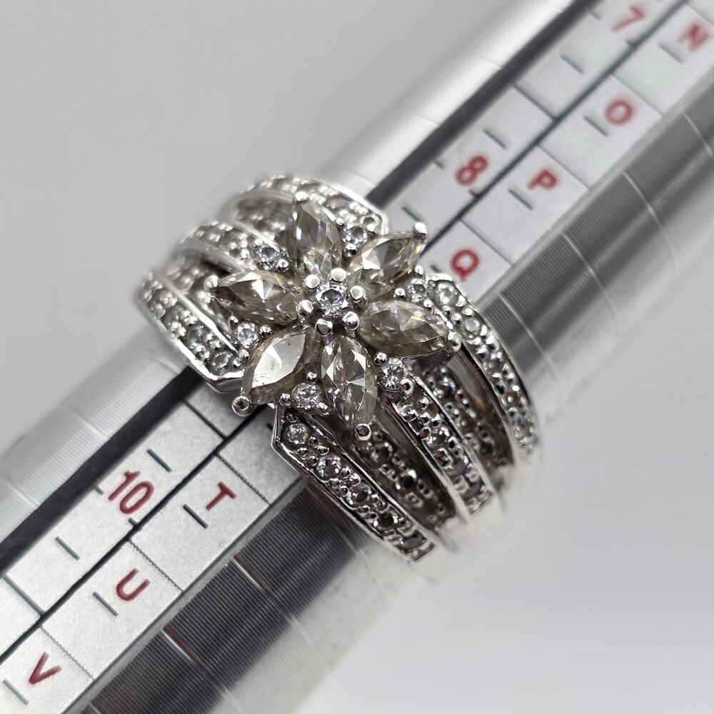 925 Sterling Silver Marquise CZ Floral Cluster Statement Ring Size 9 9.58g